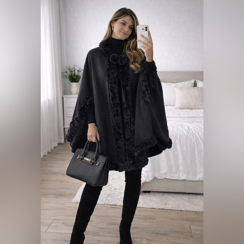 Black Faux Fur Trim Cape Poncho